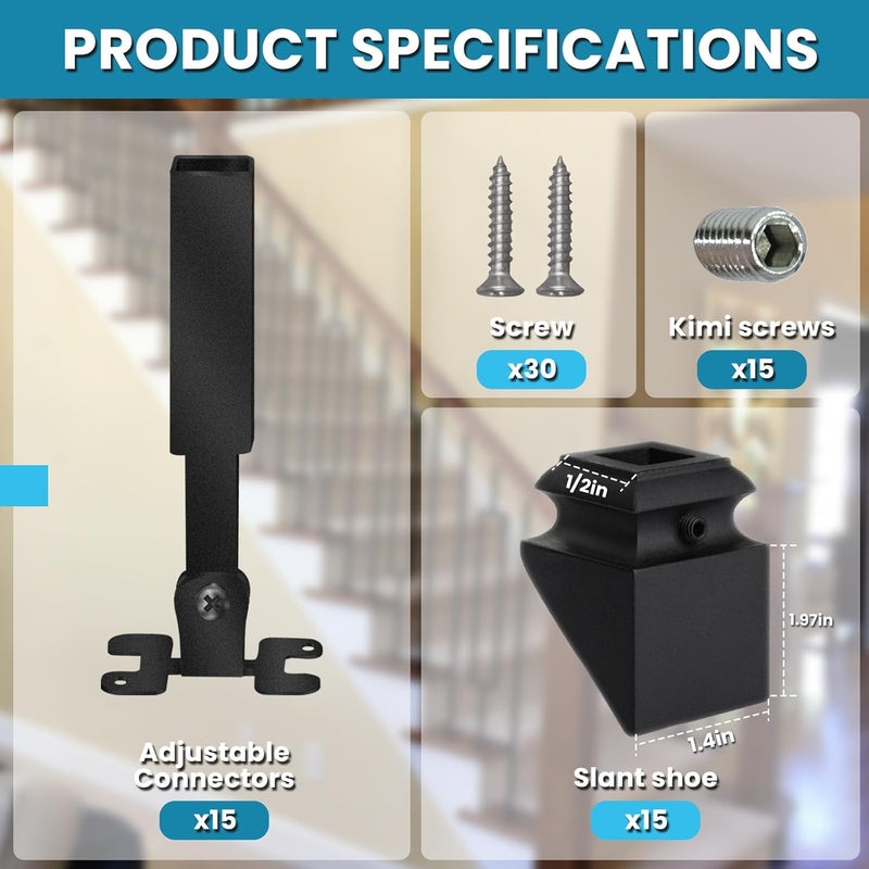 Senmit Angle Adjustable Connectors,Baluster Swivel Connectors with Screw for Installation of 1/5" Square Balusters balusters for Staircase Interior (15 Connectors 15 Slant Shoes) - Image 5